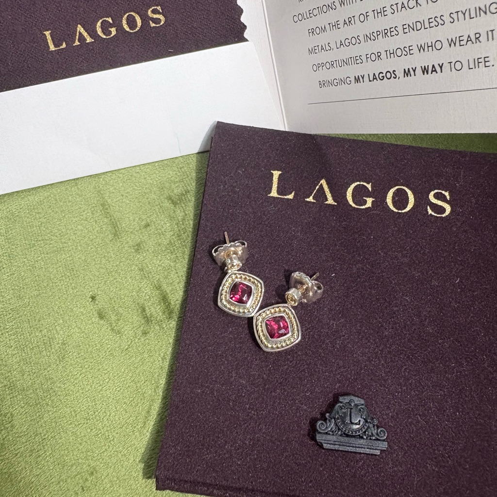 Lagos Silver And Gold Earrings With Rhodolite Cushion, Pierced Post.